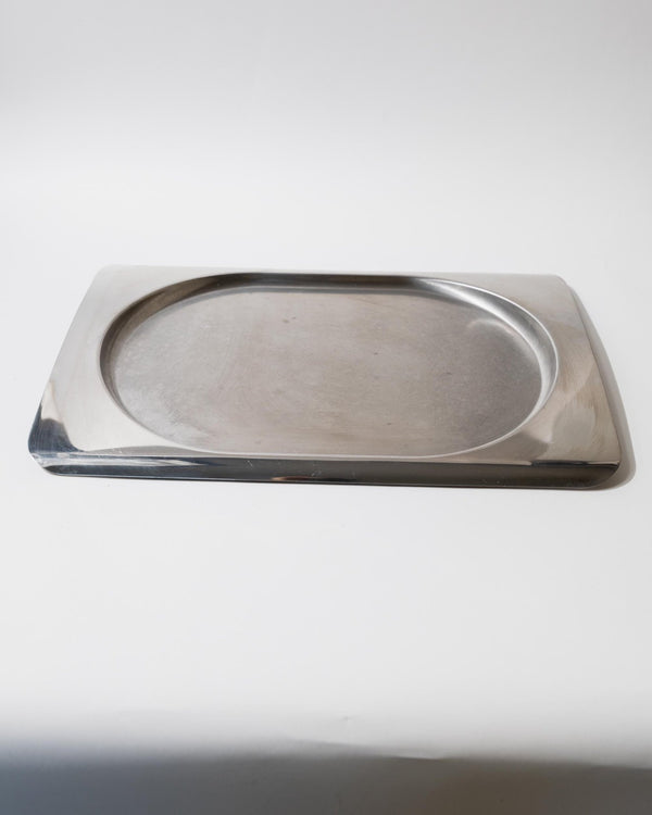 Vintage 1990s Stainless Steel Tray, Rectangular with Oval Recess, Minimalist Modern Design, Functional Serving Piece, Elegant Gift Idea_Bottega Jacobs