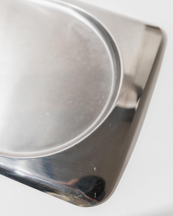 Vintage 1990s Stainless Steel Tray, Rectangular with Oval Recess, Minimalist Modern Design, Functional Serving Piece, Elegant Gift Idea_Bottega Jacobs