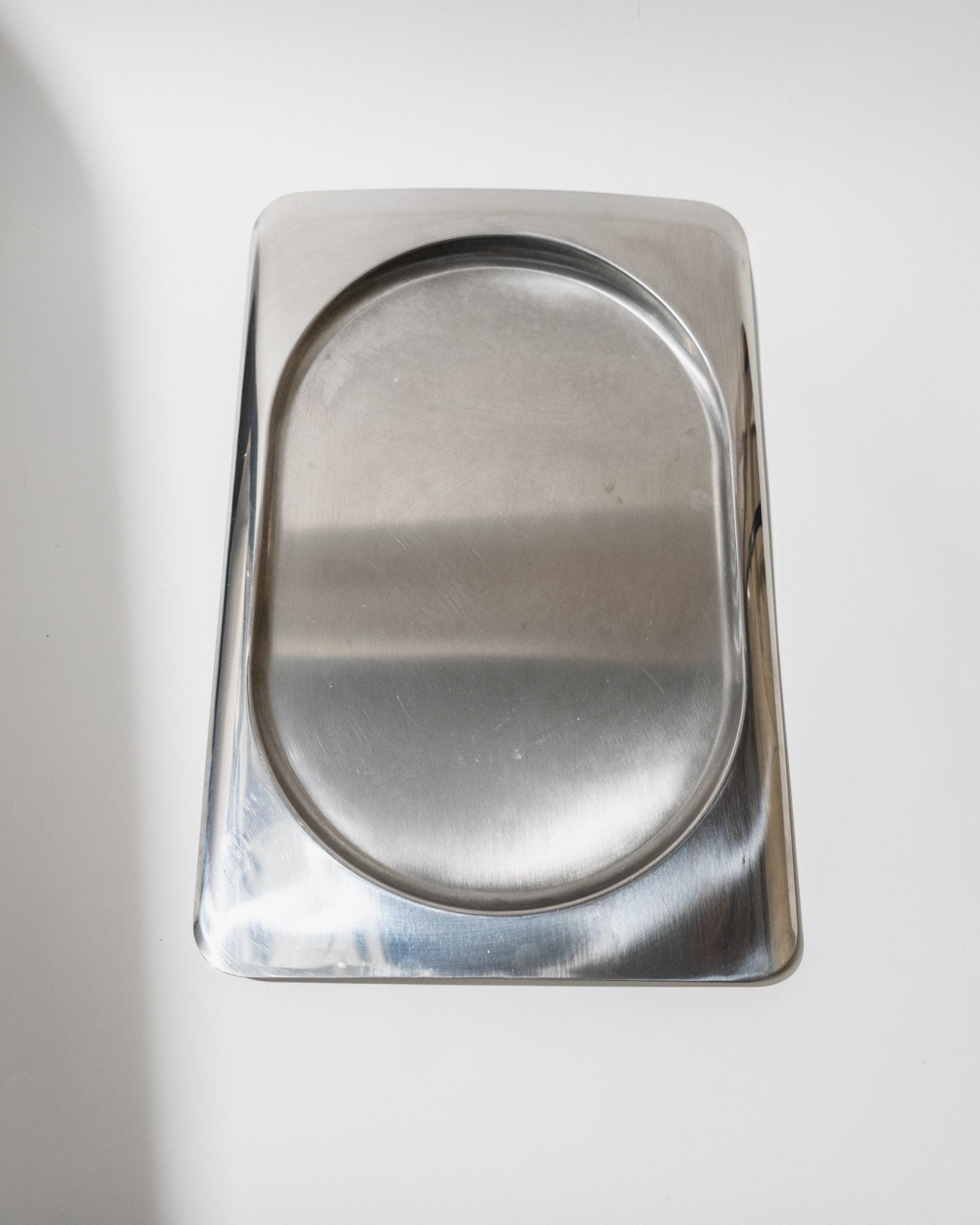 Vintage 1990s Stainless Steel Tray, Rectangular with Oval Recess, Minimalist Modern Design, Functional Serving Piece, Elegant Gift Idea_Bottega Jacobs