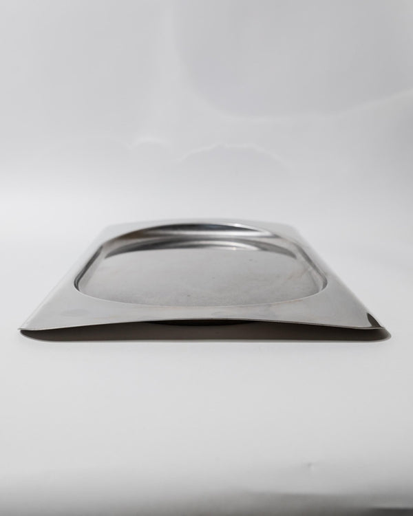 Vintage 1990s Stainless Steel Tray, Rectangular with Oval Recess, Minimalist Modern Design, Functional Serving Piece, Elegant Gift Idea_Bottega Jacobs