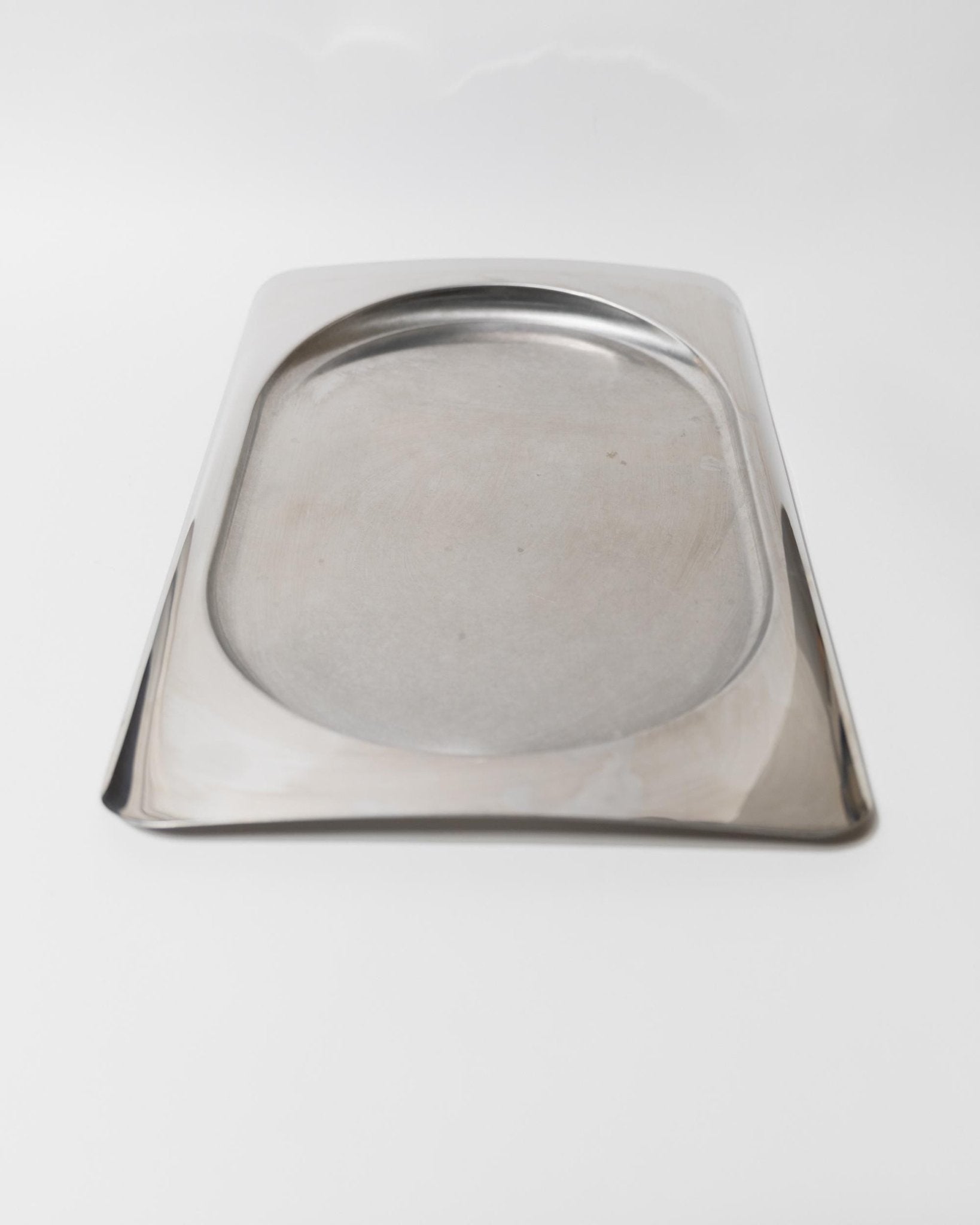 Vintage 1990s Stainless Steel Tray, Rectangular with Oval Recess, Minimalist Modern Design, Functional Serving Piece, Elegant Gift Idea_Bottega Jacobs