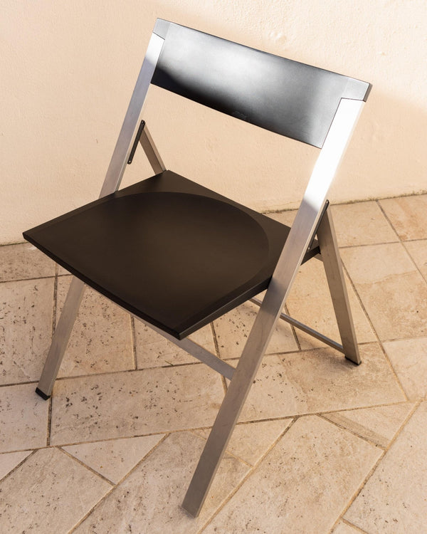 Vintage 1990s Tecno Folding Chair P08, Design by Justus Kolberg, Steel and Black Plastic Construction, Minimal Seating, Modern Design_Bottega Jacobs