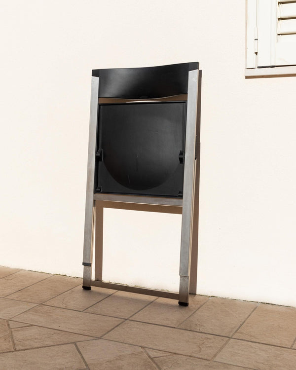Vintage 1990s Tecno Folding Chair P08, Design by Justus Kolberg, Steel and Black Plastic Construction, Minimal Seating, Modern Design_Bottega Jacobs