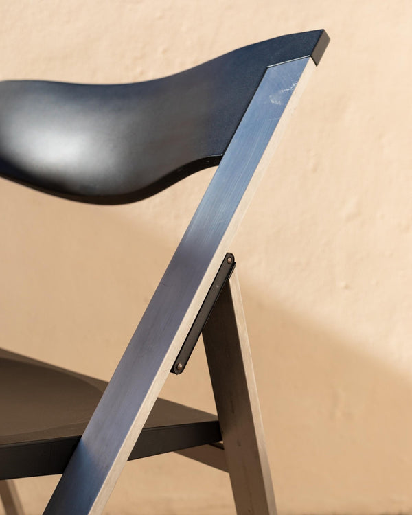 Vintage 1990s Tecno Folding Chair P08, Design by Justus Kolberg, Steel and Black Plastic Construction, Minimal Seating, Modern Design_Bottega Jacobs