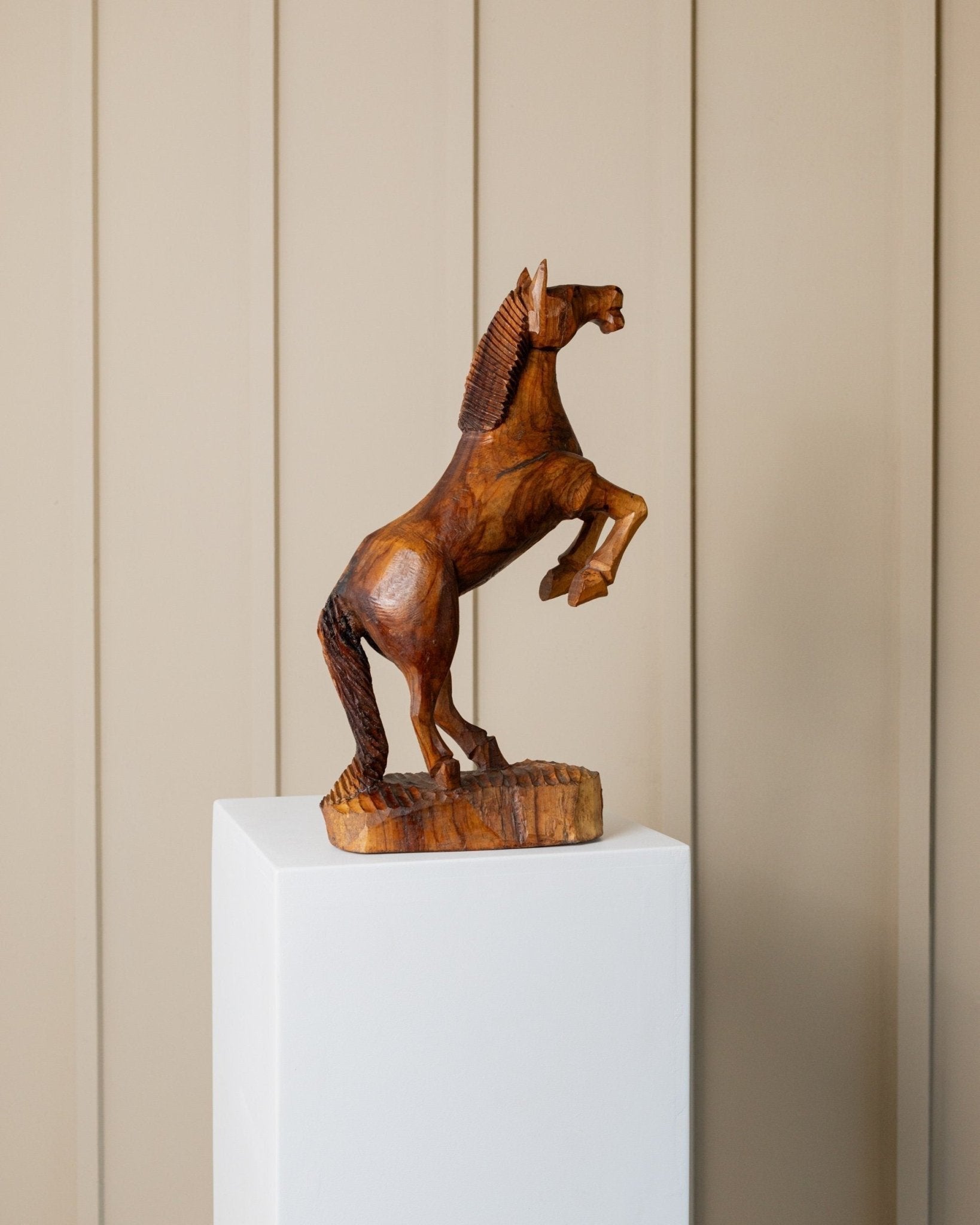 Vintage 60s wooden horse sculpture, XXL carved rearing stallion figurine, modern mid - century decoration, gift for him - Bottega Jacobs