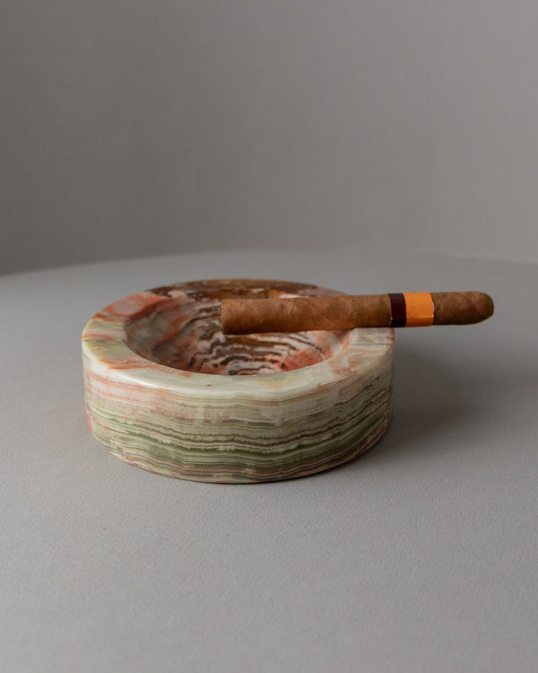 Vintage ashtray onyx stone - solid, green beige brown marbled - design Italy 1970s - gift idea elegant, retro decoration table - Bottega Jacobs