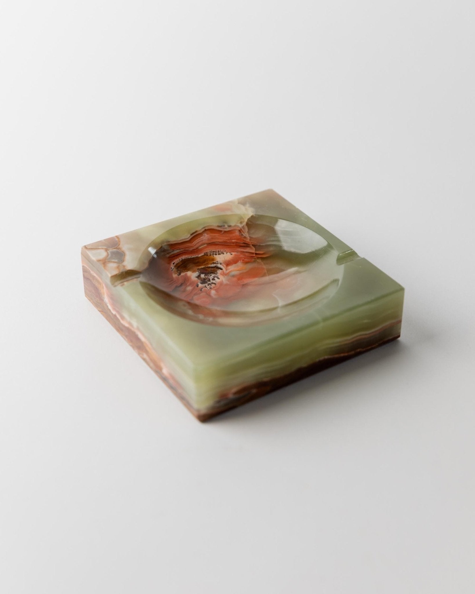 Vintage ashtray onyx stone squared - solid, green, beige, brown marbled - design Italy 1970s - gift idea elegant, retro decoration table_Bottega Jacobs