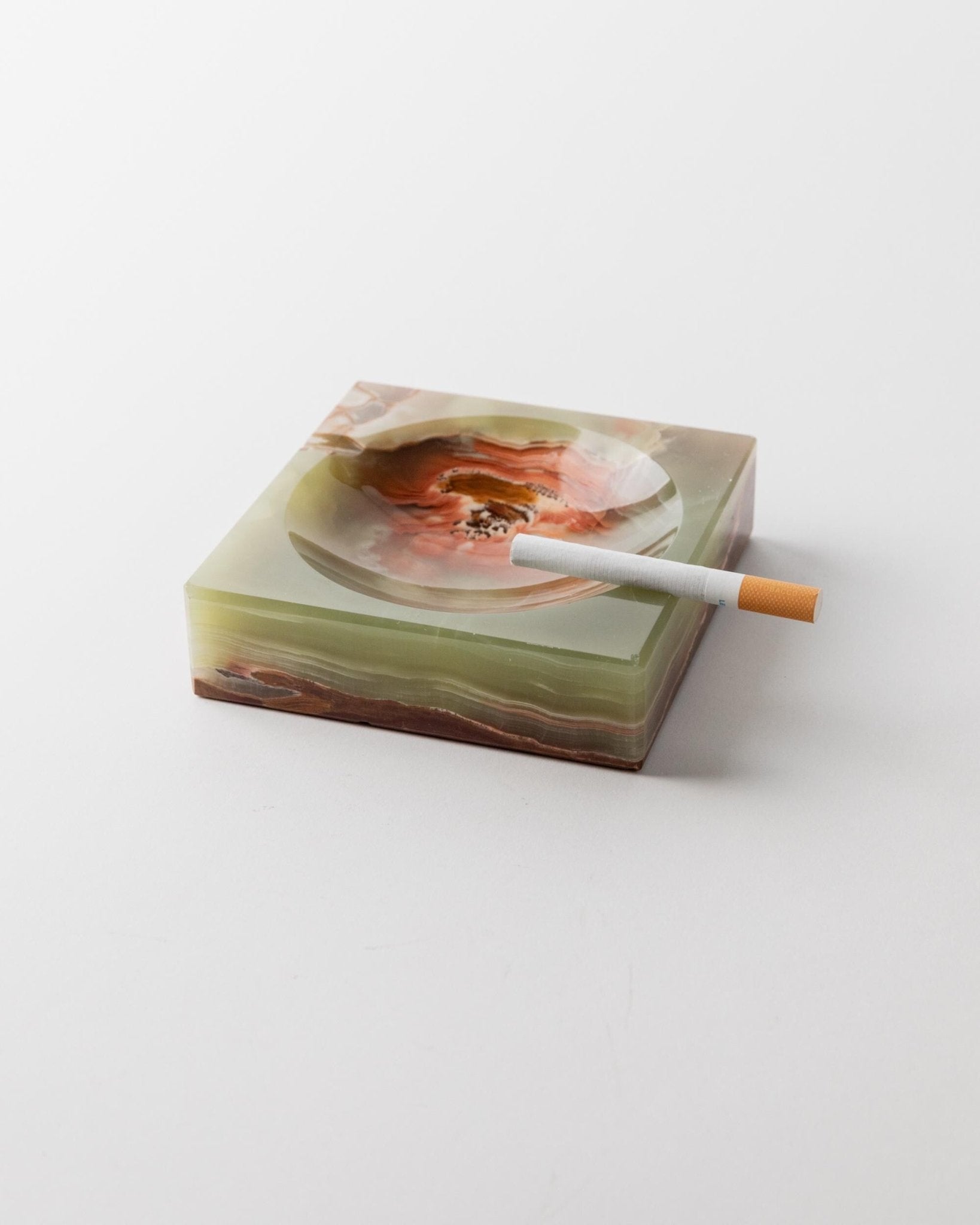 Vintage ashtray onyx stone squared - solid, green, beige, brown marbled - design Italy 1970s - gift idea elegant, retro decoration table_Bottega Jacobs