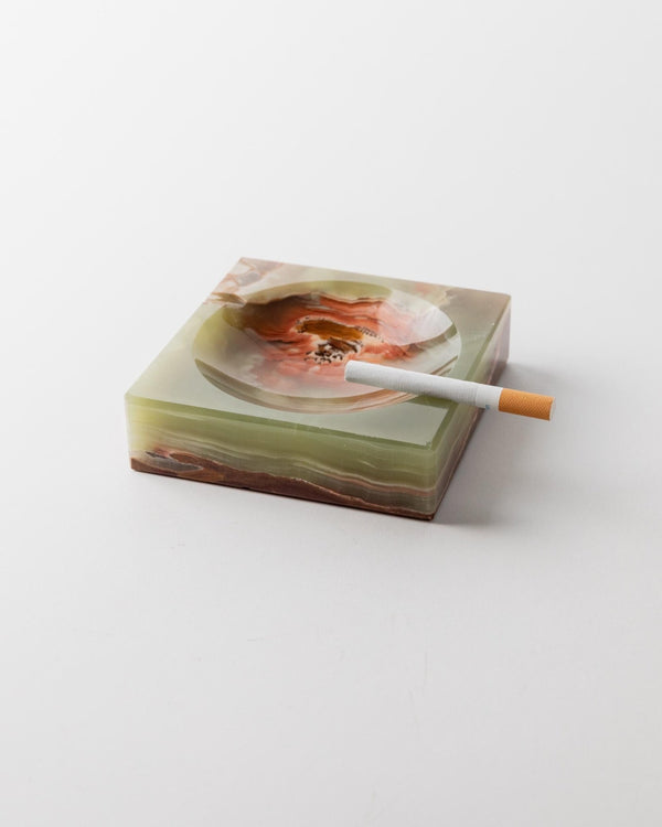 Vintage ashtray onyx stone squared - solid, green, beige, brown marbled - design Italy 1970s - gift idea elegant, retro decoration table_Bottega Jacobs