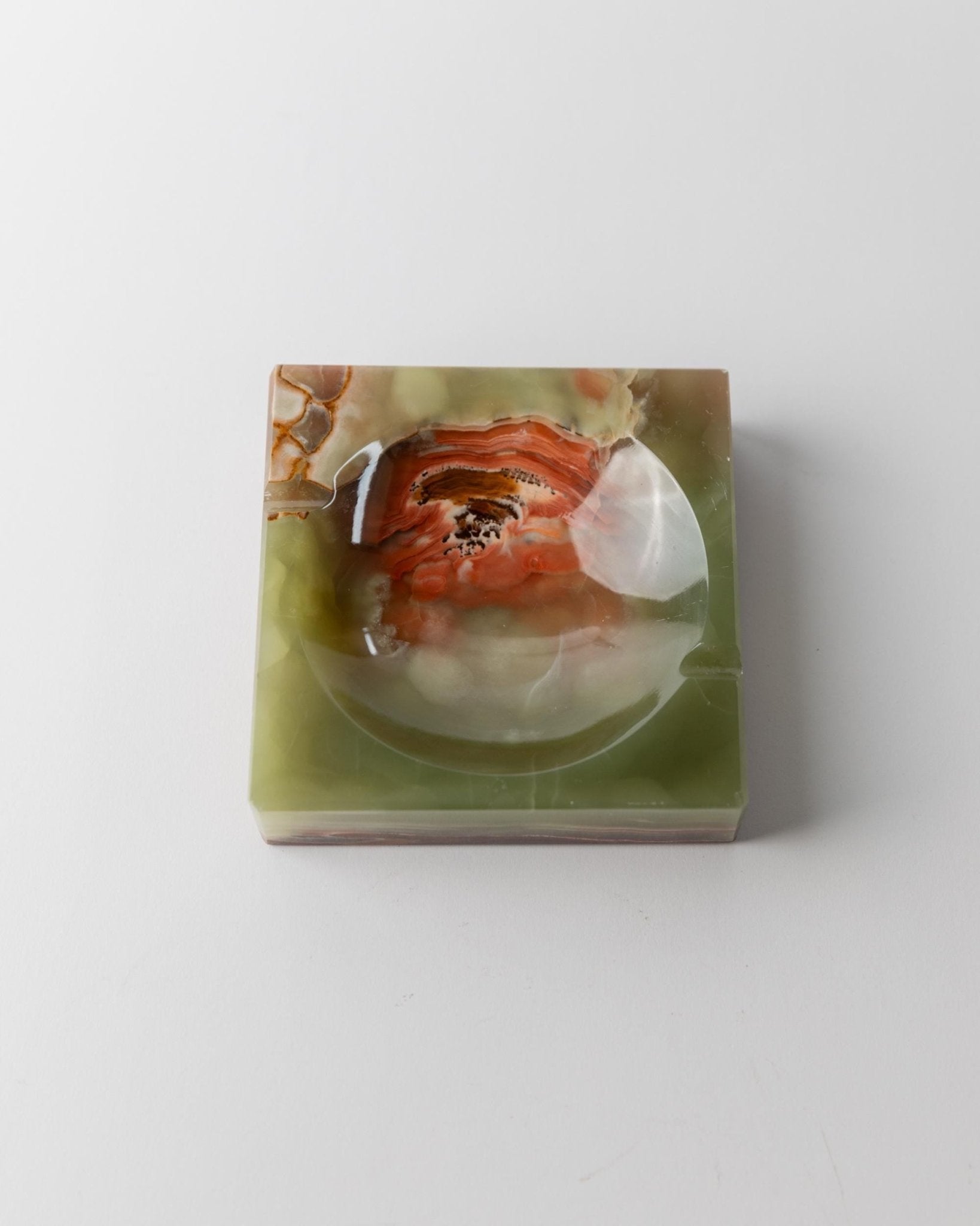 Vintage ashtray onyx stone squared - solid, green, beige, brown marbled - design Italy 1970s - gift idea elegant, retro decoration table_Bottega Jacobs