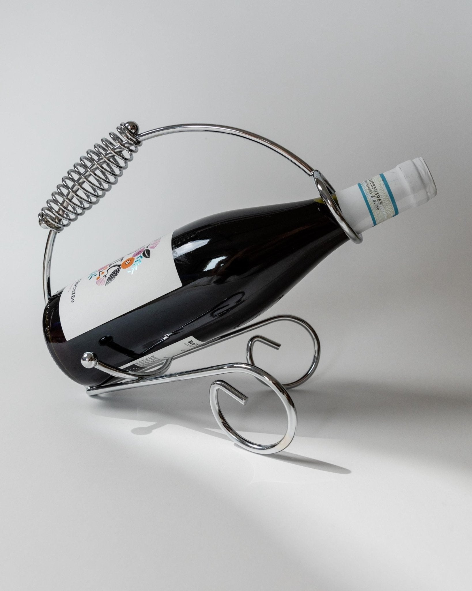 Vintage Bottle Holder - Chrome Metal with Spiral Handle - Wine Accessory Space Age Design Italy 1980s - Gift Idea Elegant Table Decoration_Bottega Jacobs