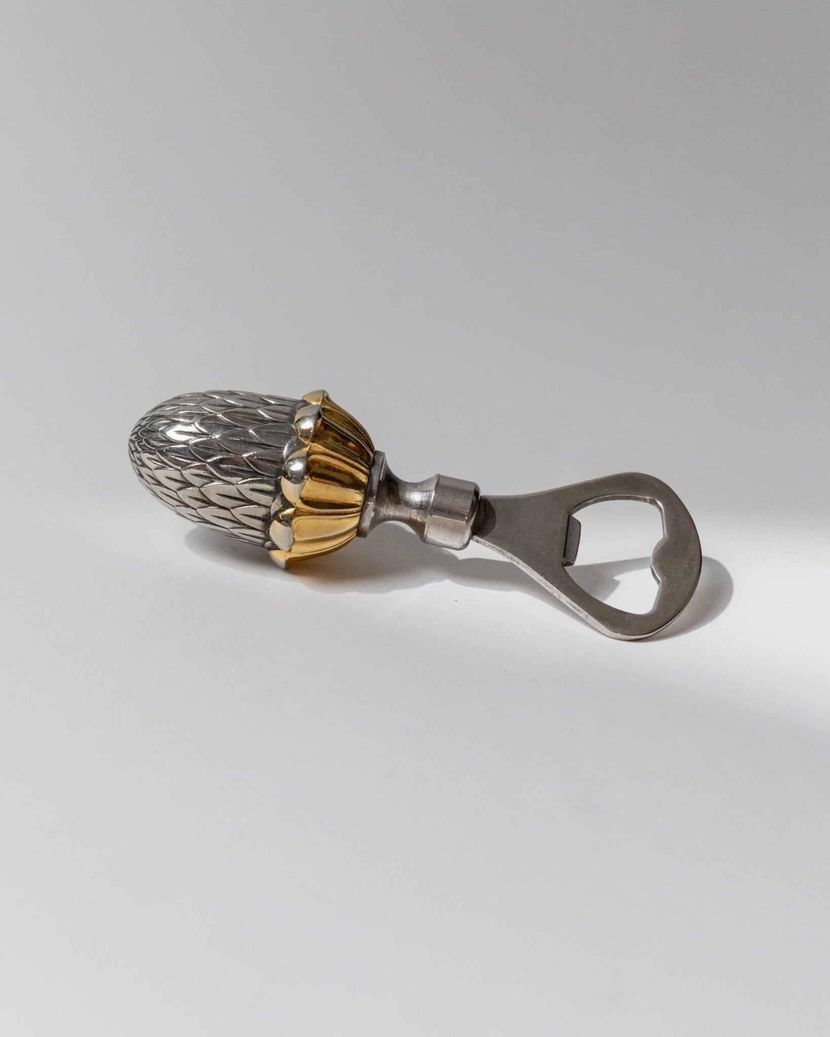 Vintage Bottle Opener Silver Plated with Acorn Shape with Golden Details - Design Italy 1980s - Gift Idea Elegant, Retro Bar Decoration_Bottega Jacobs