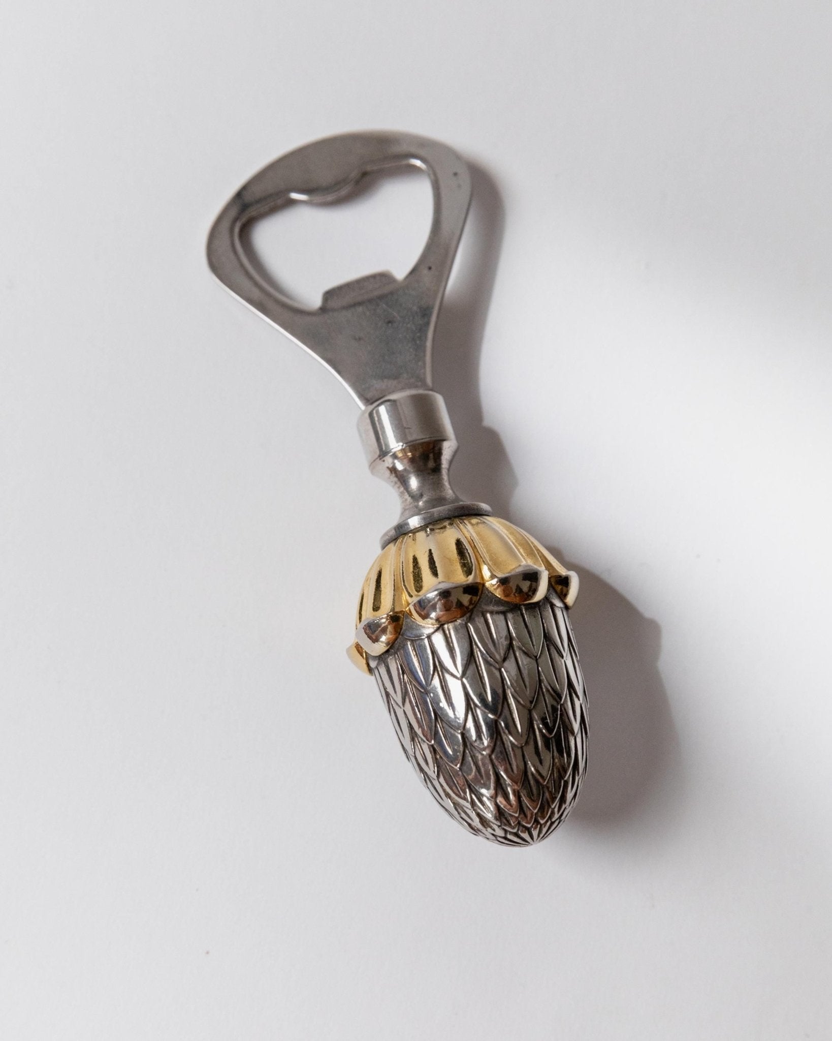 Vintage Bottle Opener Silver Plated with Acorn Shape with Golden Details - Design Italy 1980s - Gift Idea Elegant, Retro Bar Decoration_Bottega Jacobs