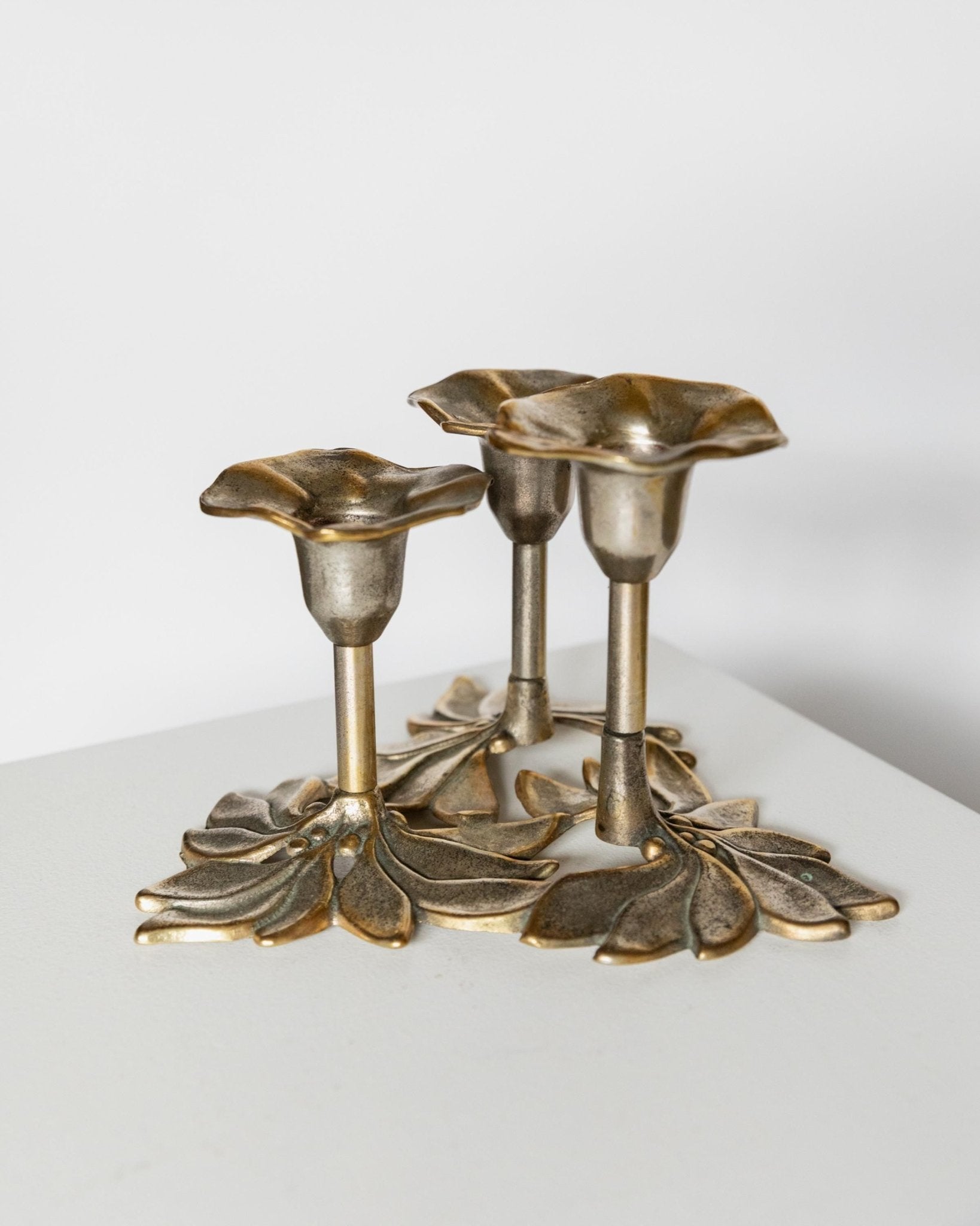 Vintage Candle Holder 3 Armed - gold plated, Flower and Leaf Shape - Carl Frederik Christiansen 1970s - Xmas Gift Idea, Table Decoration_Bottega Jacobs