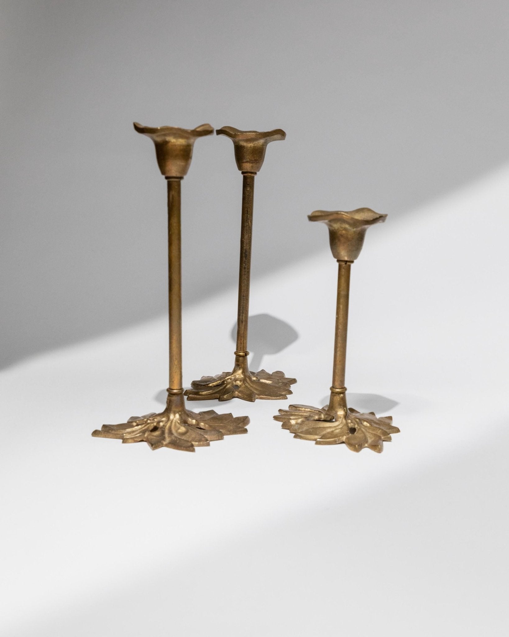 Vintage Candle Holders Set of 3 - Massive Brass, Art Nouveau Flower and Leaf Shape - Italy 1940s - Xmas Gift Idea Elegant, Table Decoration_Bottega Jacobs
