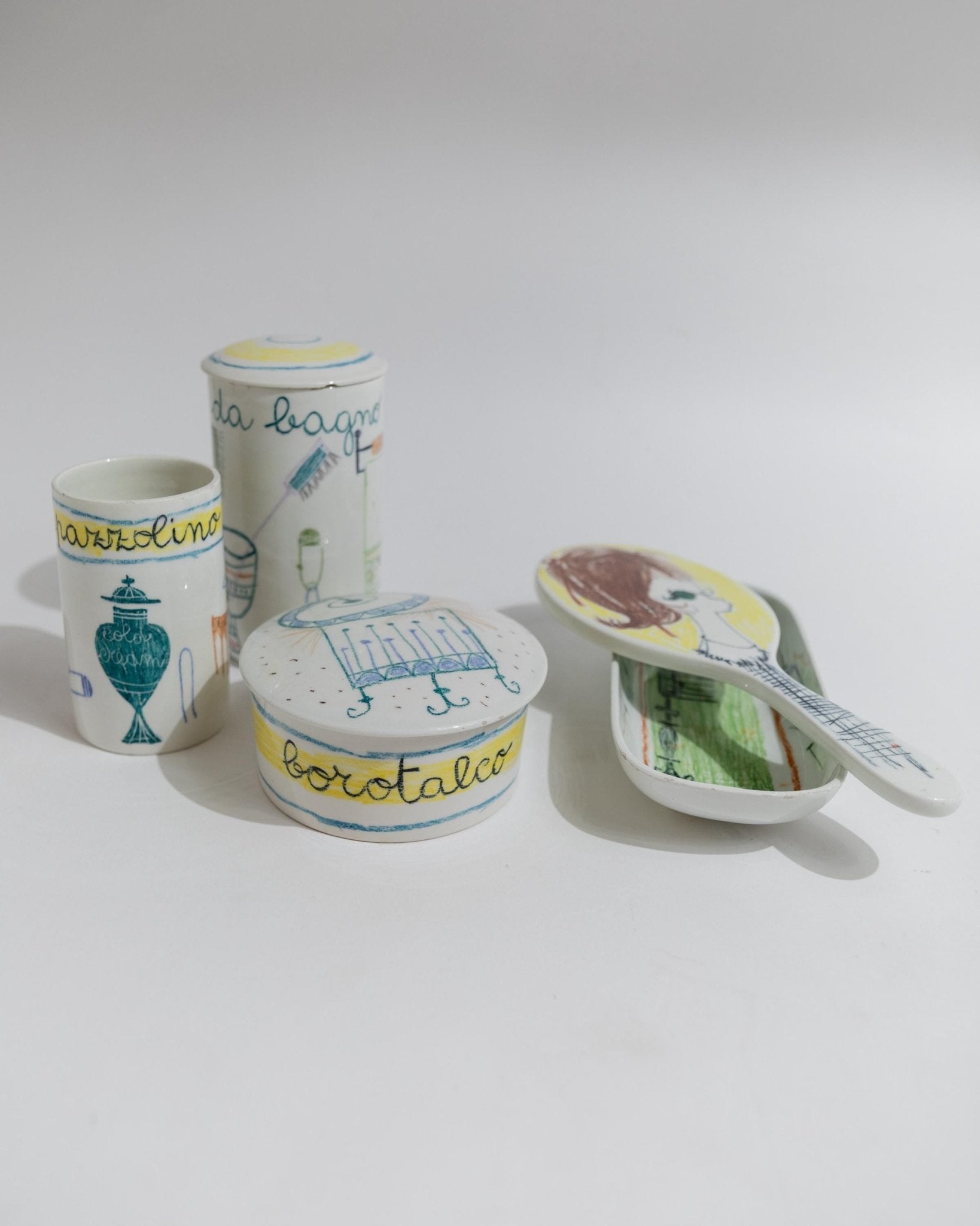 Vintage ceramic bath set hand - painted - 5 pieces, naive motifs colorful - Montecatini Italy 1960s - stylish storage, bathing, gift retro_Bottega Jacobs