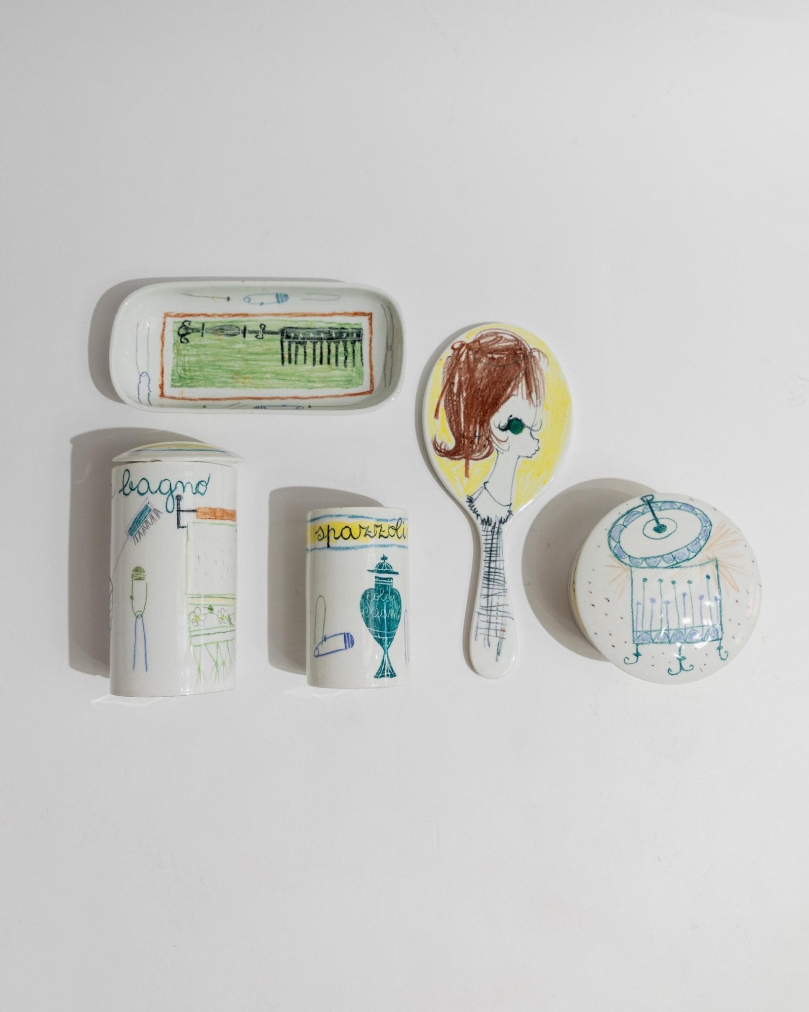 Vintage ceramic bath set hand - painted - 5 pieces, naive motifs colorful - Montecatini Italy 1960s - stylish storage, bathing, gift retro_Bottega Jacobs