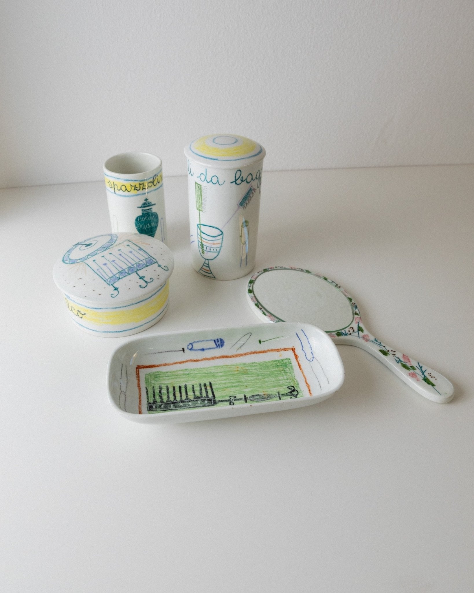 Vintage ceramic bath set hand - painted - 5 pieces, naive motifs colourful - Montecatini Italy 1960s - stylish storage, bathing, gift retro - Bottega Jacobs