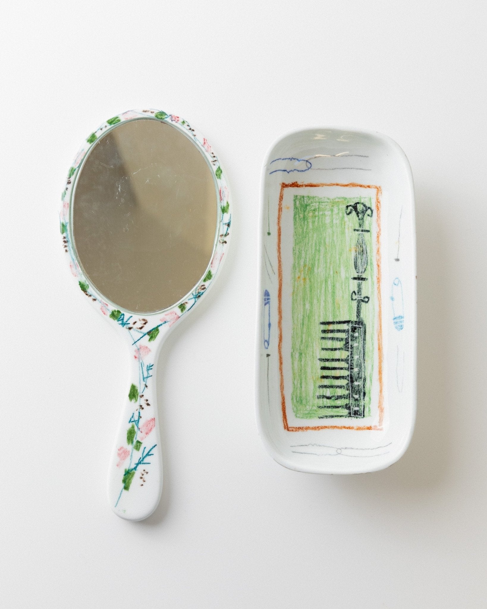 Vintage ceramic bath set hand - painted - 5 pieces, naive motifs colourful - Montecatini Italy 1960s - stylish storage, bathing, gift retro - Bottega Jacobs