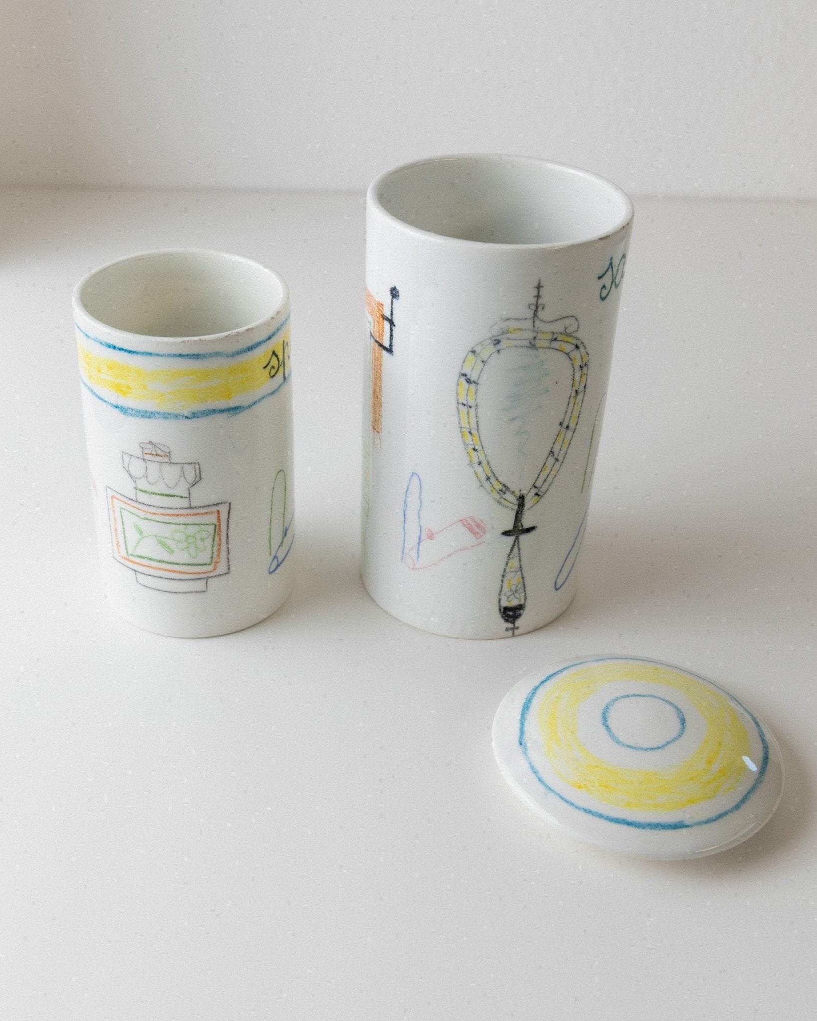 Vintage ceramic bath set hand - painted - 5 pieces, naive motifs colourful - Montecatini Italy 1960s - stylish storage, bathing, gift retro - Bottega Jacobs
