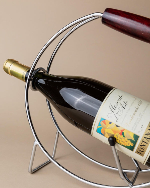 Vintage Chrome Bottle Holder with Wood Handle - Timeless Ring Design, Wine Storage - Space Age Italy 1980s - Elegant Table Decor, Gift Idea_Bottega Jacobs