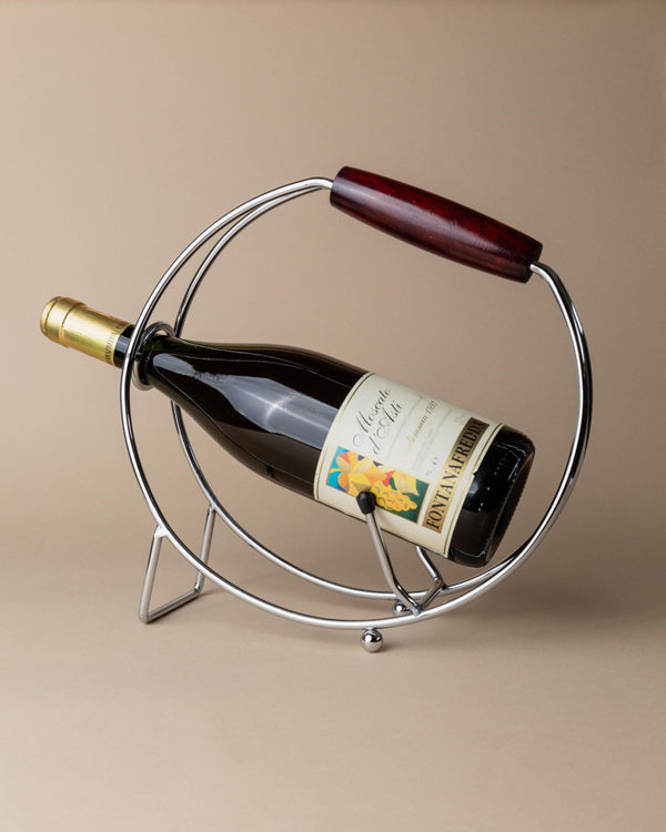 Vintage Chrome Bottle Holder with Wood Handle - Timeless Ring Design, Wine Storage - Space Age Italy 1980s - Elegant Table Decor, Gift Idea_Bottega Jacobs