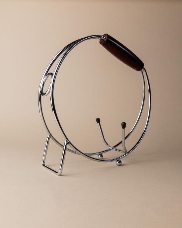 Vintage Chrome Bottle Holder with Wood Handle - Timeless Ring Design, Wine Storage - Space Age Italy 1980s - Elegant Table Decor, Gift Idea_Bottega Jacobs