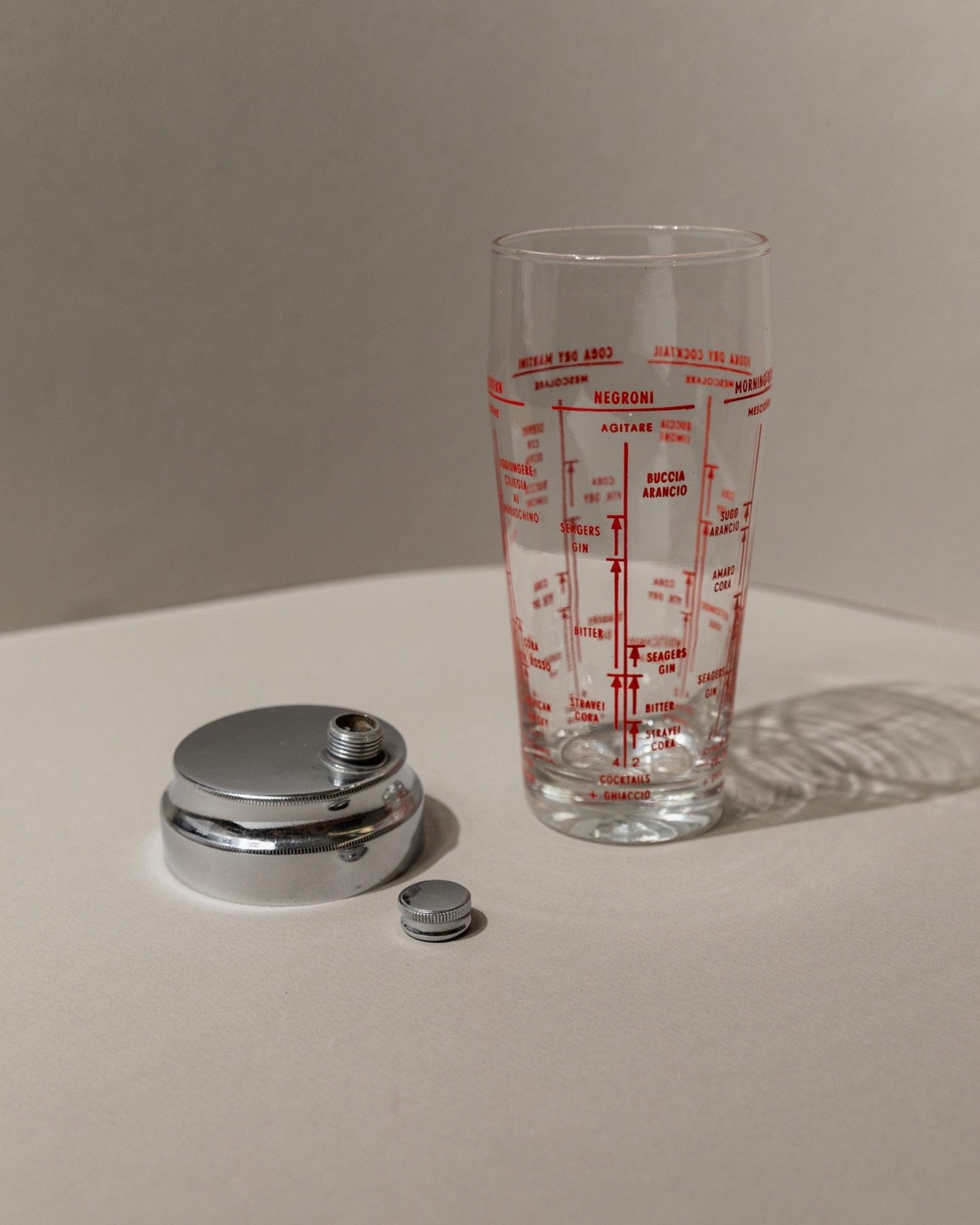 Vintage Cocktail Shaker Glass and Metal - With Integrated Cocktail Recipes - Mid Century Italy 1960s - Table Decor, Bar Accessory, Gift Idea_Bottega Jacobs