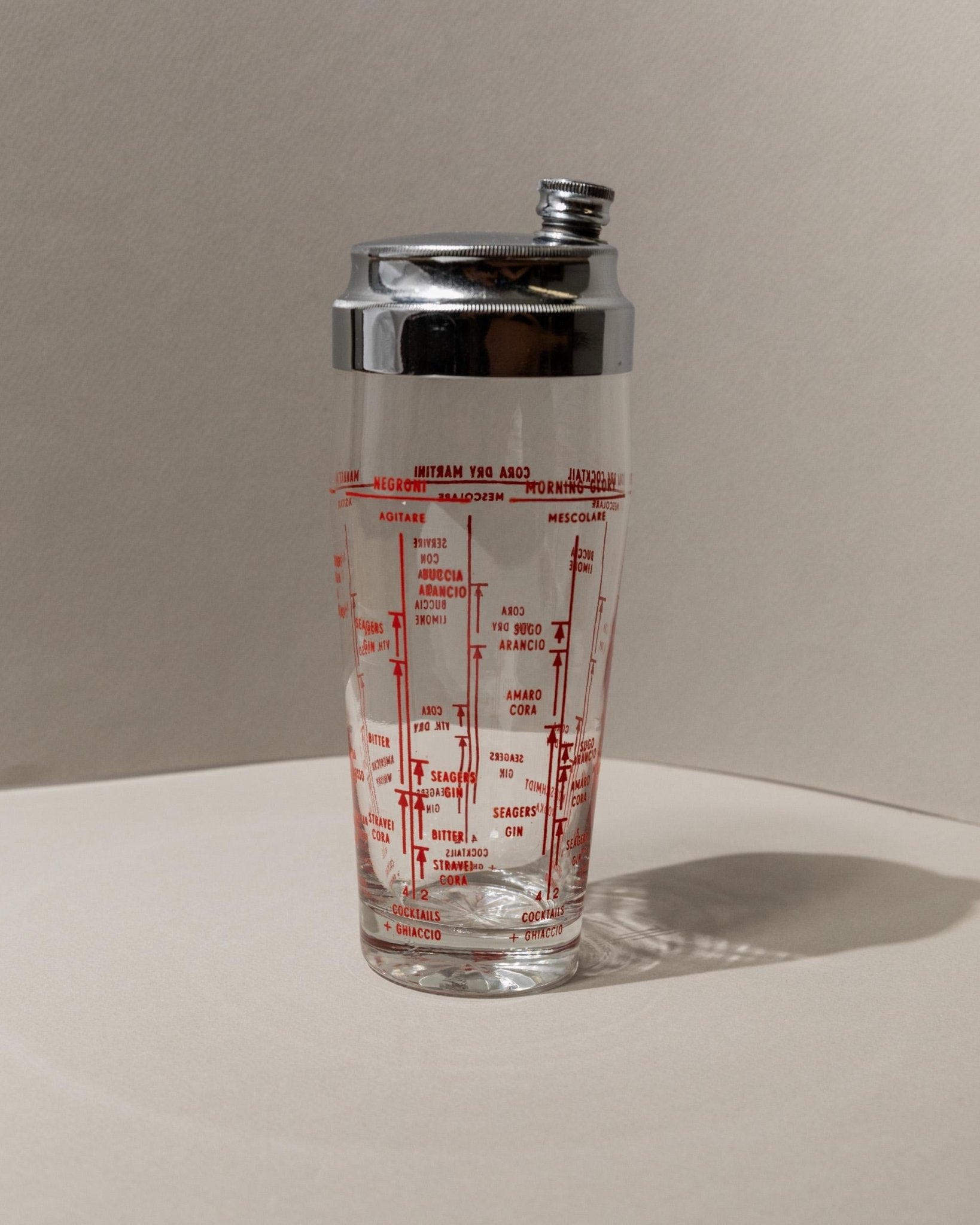 Vintage Cocktail Shaker Glass and Metal - With Integrated Cocktail Recipes - Mid Century Italy 1960s - Table Decor, Bar Accessory, Gift Idea_Bottega Jacobs
