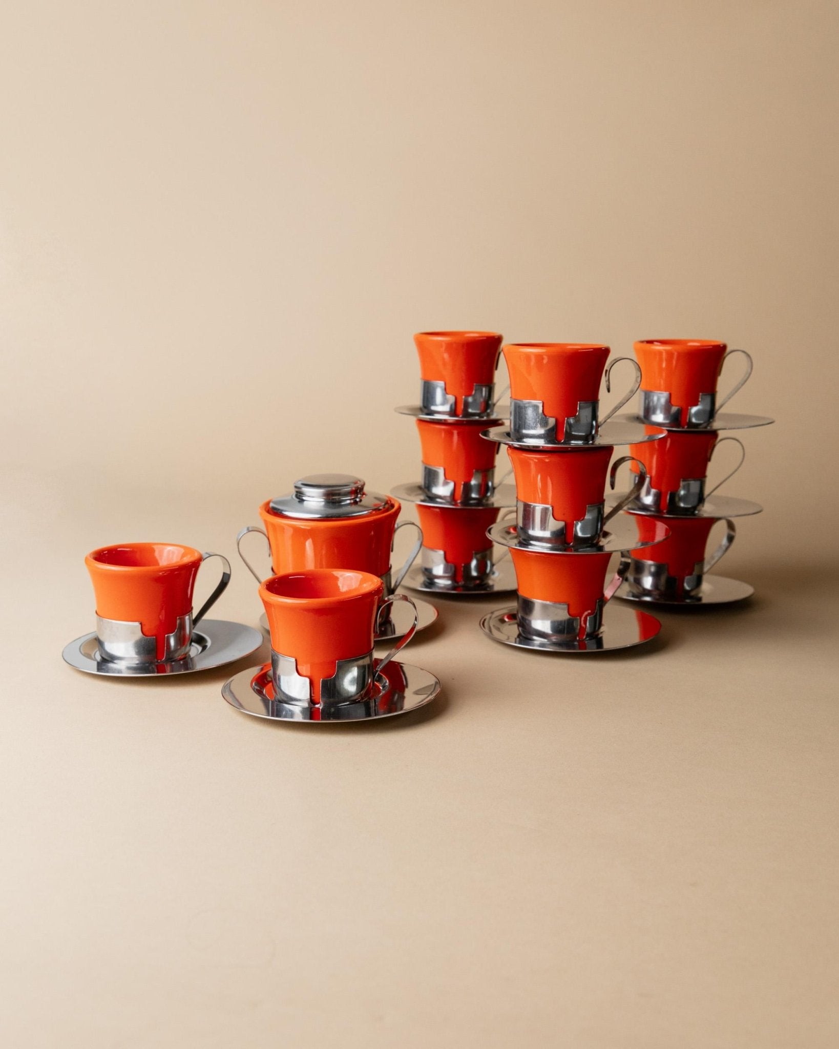 Vintage Coffee Set 24 Pieces - Red/Orange Ceramic Cups and Sugar Bowl, Stainless Steel Saucers - Italy 1970s - Retro Gift Idea, Table Decor_Bottega Jacobs