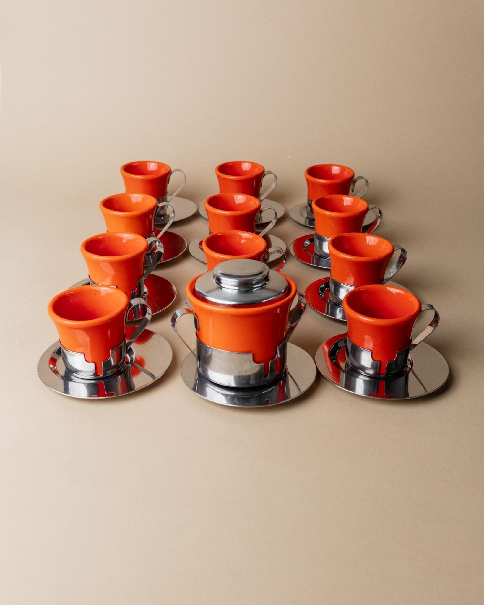 Vintage Coffee Set 24 Pieces - Red/Orange Ceramic Cups and Sugar Bowl, Stainless Steel Saucers - Italy 1970s - Retro Gift Idea, Table Decor_Bottega Jacobs