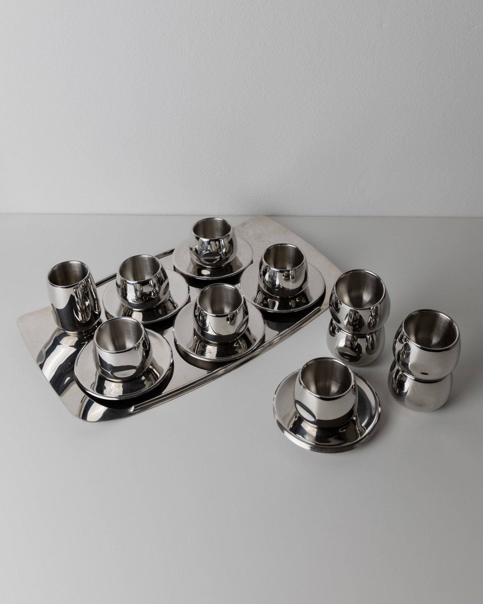 Vintage coffee set by AMC Art - minimalist design Italy 70s - dishwasher - safe stainless steel cups, plate, tray, gift idea - Bottega Jacobs