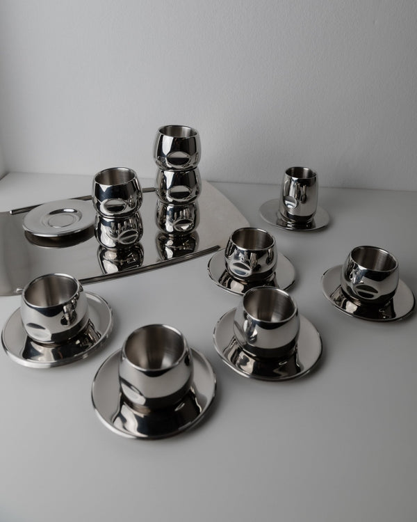 Vintage coffee set by AMC Art - minimalist design Italy 70s - dishwasher - safe stainless steel cups, plate, tray, gift idea - Bottega Jacobs