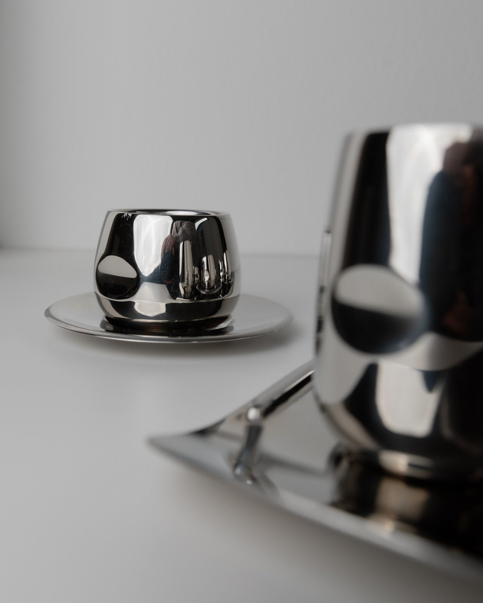 Vintage coffee set by AMC Art - minimalist design Italy 70s - dishwasher - safe stainless steel cups, plate, tray, gift idea - Bottega Jacobs