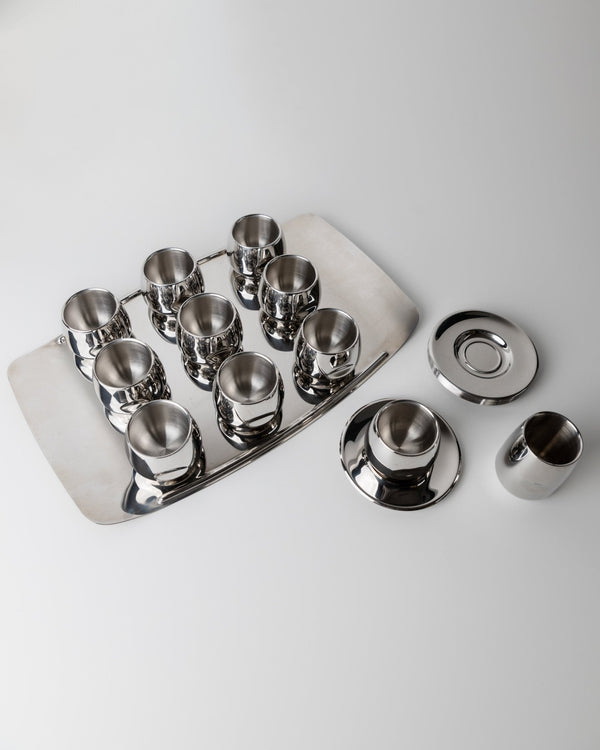 Vintage coffee set by AMC Art - minimalist design Italy 70s - dishwasher - safe stainless steel cups, plate, tray, gift idea - Bottega Jacobs