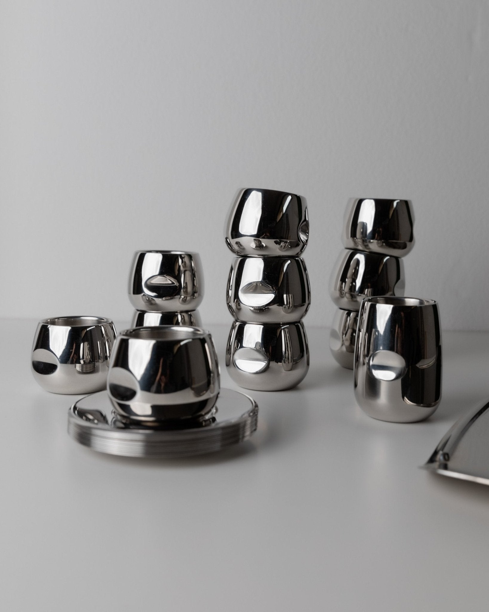 Vintage coffee set by AMC Art - minimalist design Italy 70s - dishwasher - safe stainless steel cups, plate, tray, gift idea - Bottega Jacobs
