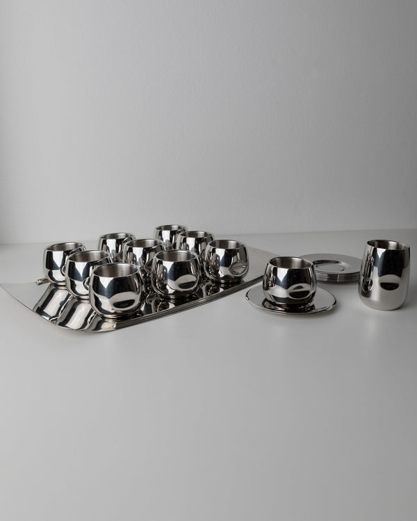 Vintage coffee set by AMC Art - minimalist design Italy 70s - dishwasher - safe stainless steel cups, plate, tray, gift idea - Bottega Jacobs