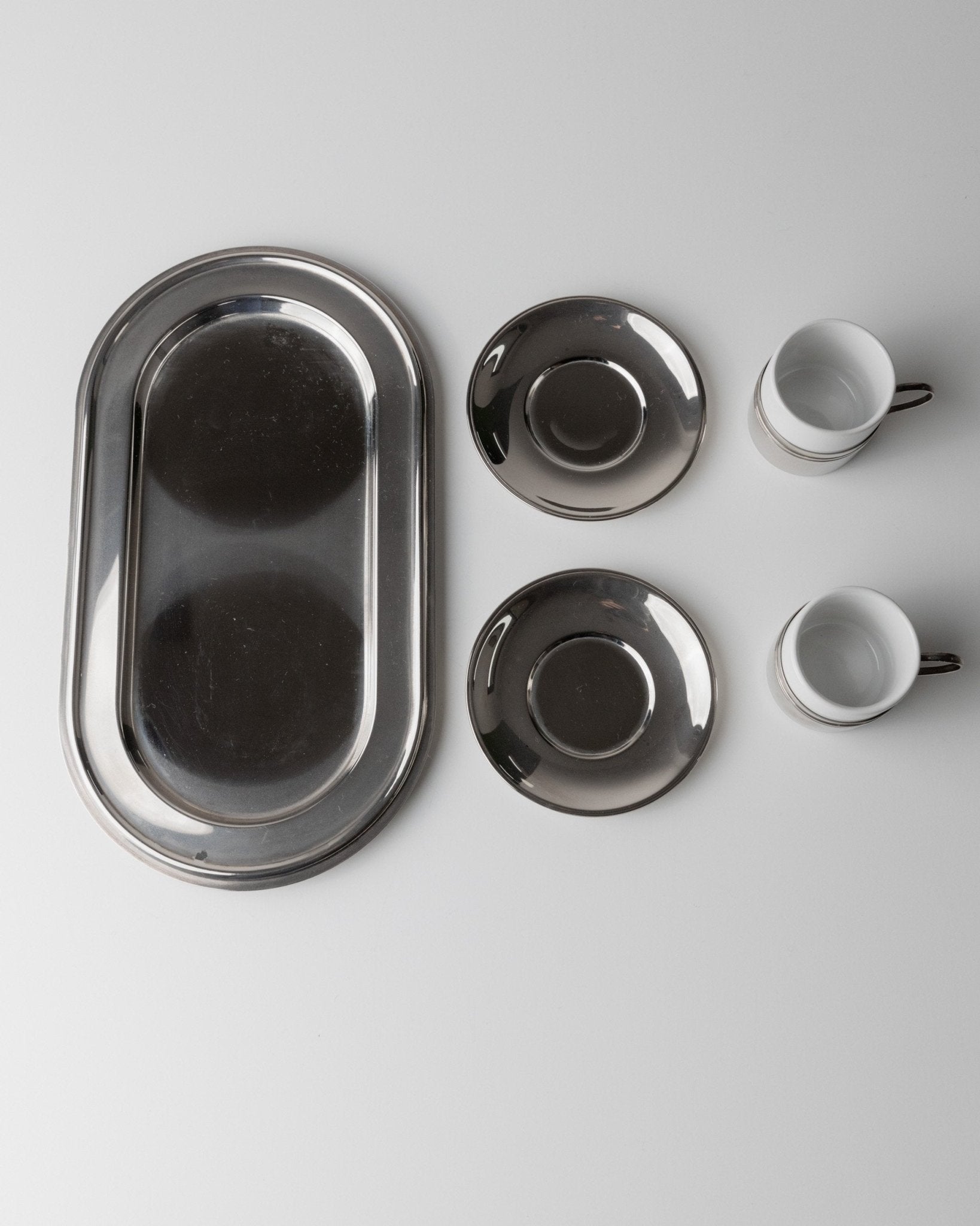 Vintage coffee set of 2 silver plated - Espresso cups ceramic, saucers and tray - Mid Century Design Italy 70s - Gift elegant - Bottega Jacobs
