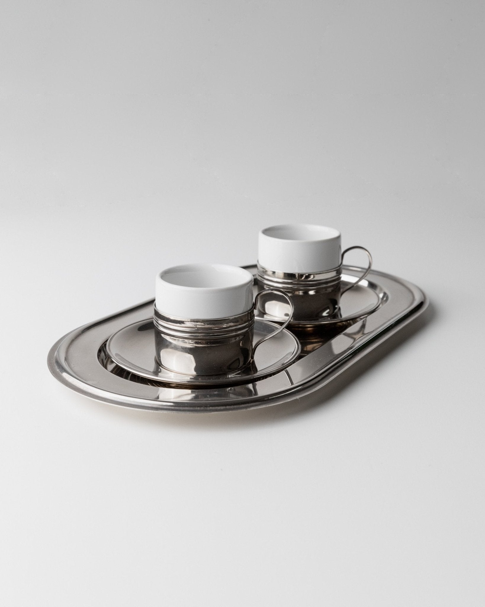 Vintage coffee set of 2 silver plated - Espresso cups ceramic, saucers and tray - Mid Century Design Italy 70s - Gift elegant - Bottega Jacobs