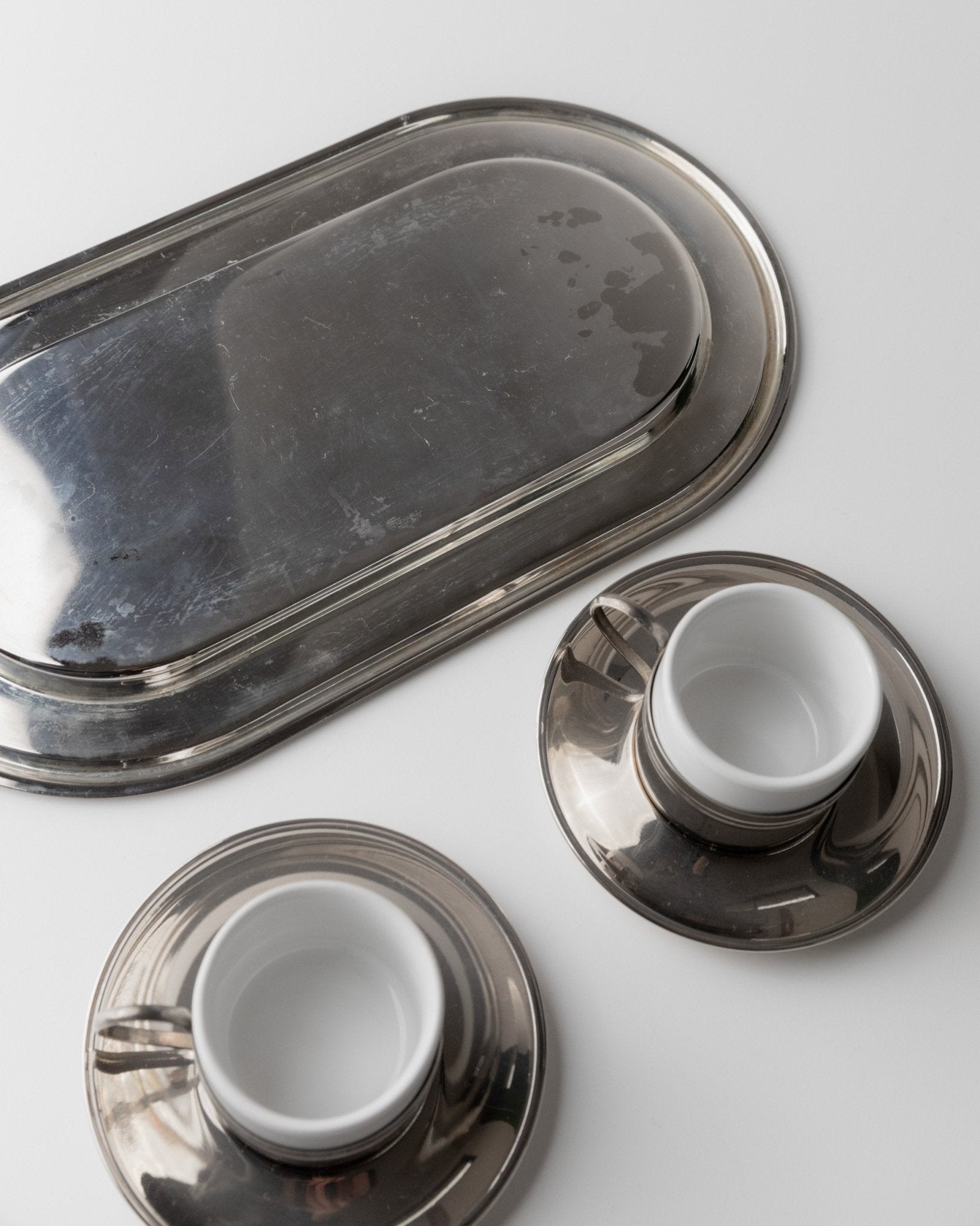 Vintage coffee set of 2 silver plated - Espresso cups ceramic, saucers and tray - Mid Century Design Italy 70s - Gift elegant - Bottega Jacobs
