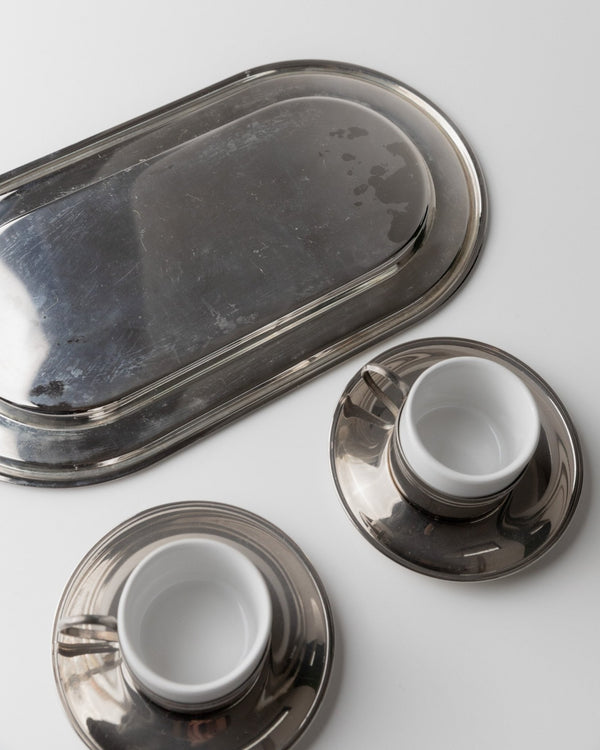Vintage coffee set of 2 silver plated - Espresso cups ceramic, saucers and tray - Mid Century Design Italy 70s - Gift elegant - Bottega Jacobs
