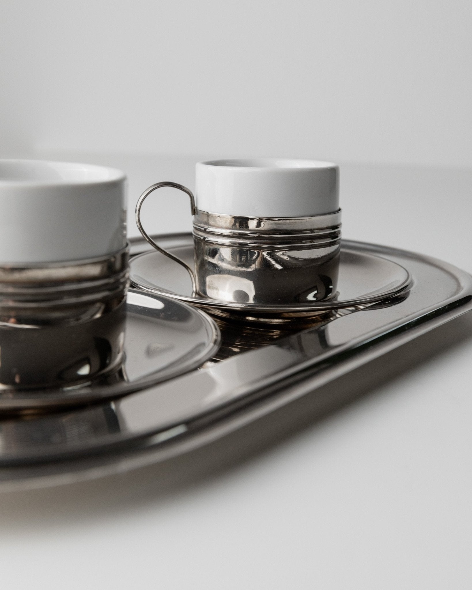 Vintage coffee set of 2 silver plated - Espresso cups ceramic, saucers and tray - Mid Century Design Italy 70s - Gift elegant - Bottega Jacobs