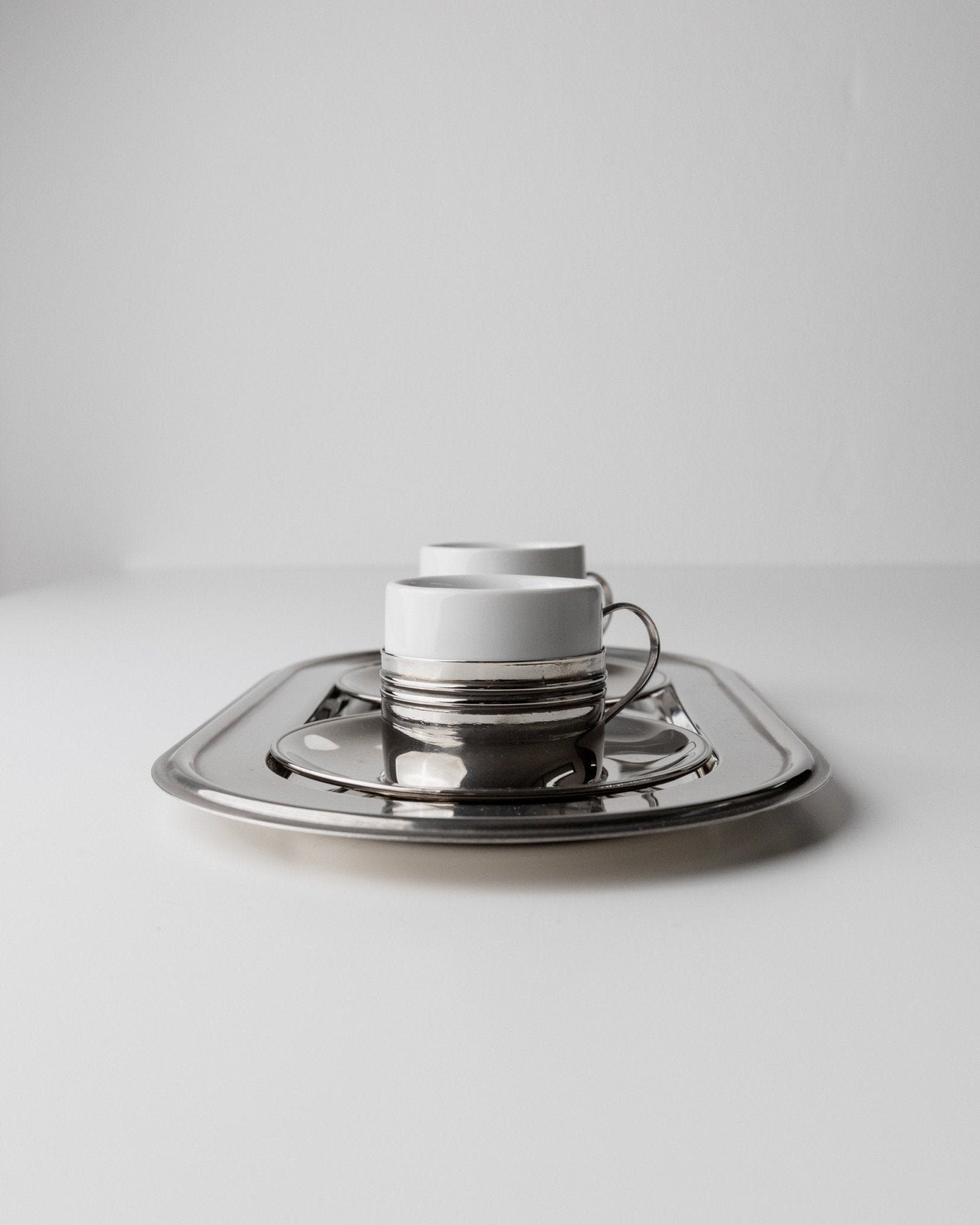 Vintage coffee set of 2 silver plated - Espresso cups ceramic, saucers and tray - Mid Century Design Italy 70s - Gift elegant - Bottega Jacobs