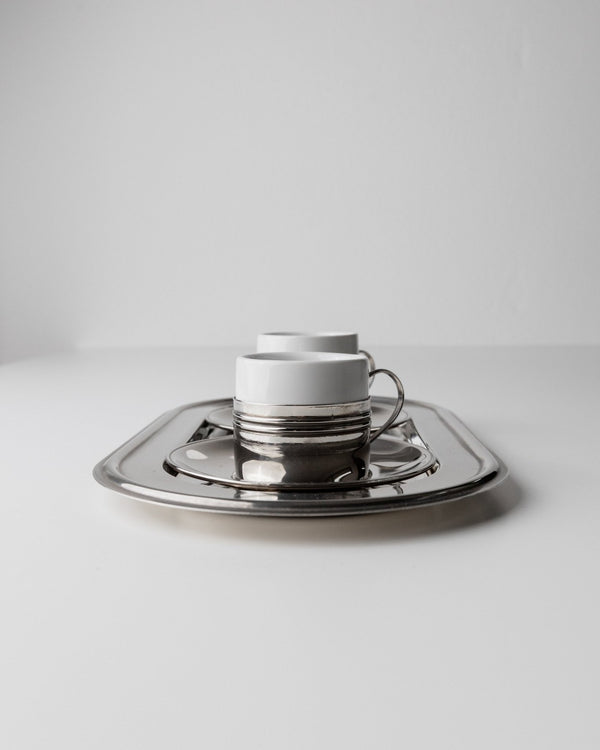 Vintage coffee set of 2 silver plated - Espresso cups ceramic, saucers and tray - Mid Century Design Italy 70s - Gift elegant - Bottega Jacobs