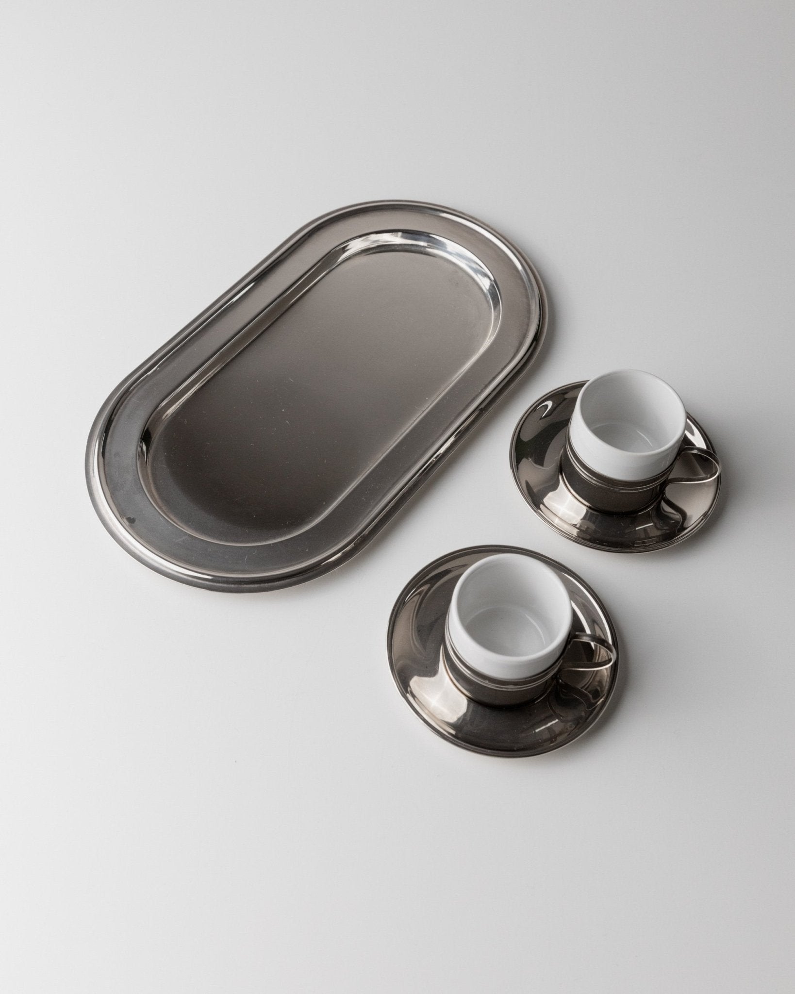 Vintage coffee set of 2 silver plated - Espresso cups ceramic, saucers and tray - Mid Century Design Italy 70s - Gift elegant - Bottega Jacobs