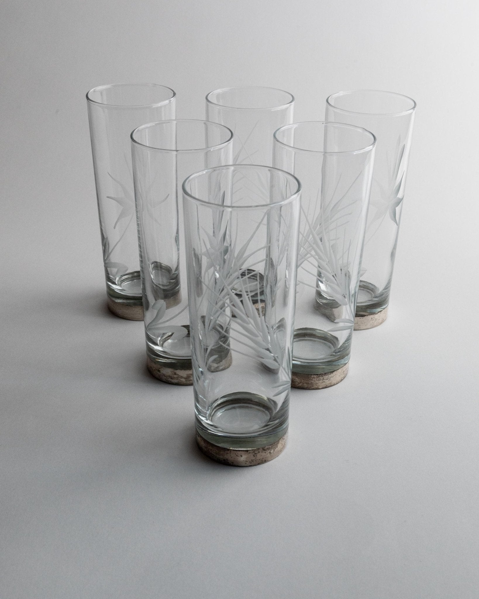 Vintage Drinking Glasses Set of 6 - Silver Base, Etched Wheat and Floral Design - Italy 1960s - Gift Idea Unique, Retro Barware Decoration_Bottega Jacobs