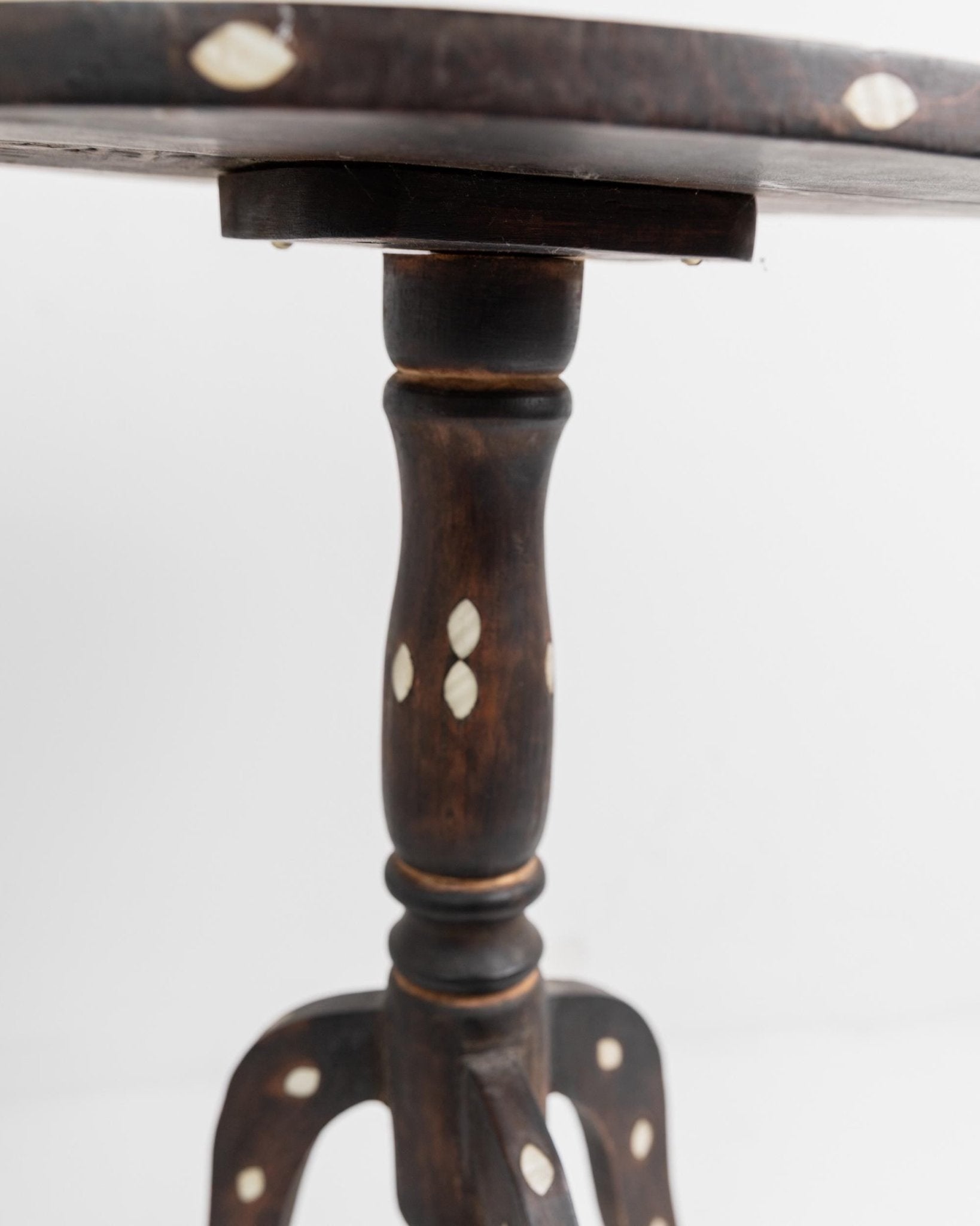 Vintage Early 19th Century Side Table, Dark Wood with Mother of Pearl Inlay, Three Legged Oval Form, Ethno Style Furniture, Gift Idea_Bottega Jacobs