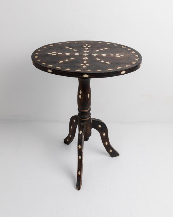 Vintage Early 19th Century Side Table, Dark Wood with Mother of Pearl Inlay, Three Legged Oval Form, Ethno Style Furniture, Gift Idea_Bottega Jacobs