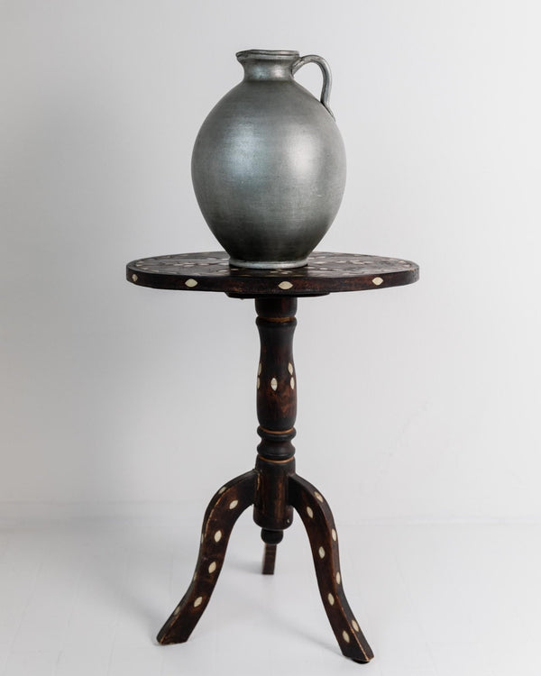 Vintage Early 19th Century Side Table, Dark Wood with Mother of Pearl Inlay, Three Legged Oval Form, Ethno Style Furniture, Gift Idea_Bottega Jacobs