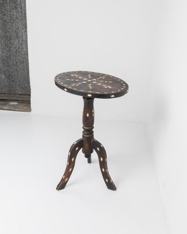 Vintage Early 19th Century Side Table, Dark Wood with Mother of Pearl Inlay, Three Legged Oval Form, Ethno Style Furniture, Gift Idea_Bottega Jacobs